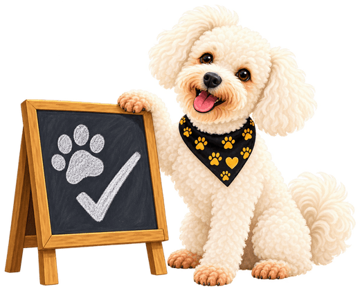 Hines next to a small chalkboard with paw prints